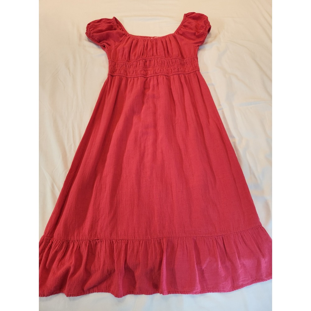 Sim & Sam Hot Pink Smocked Midi Dress XL Linen Blend Ruffle Hem Short Sleeve - Picture 7 of 10